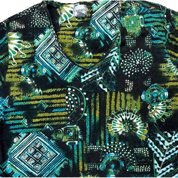 Chicos Womens Geometric & Abstract Print V-Neck Top Size L Black/Green - Picture 2 of 6